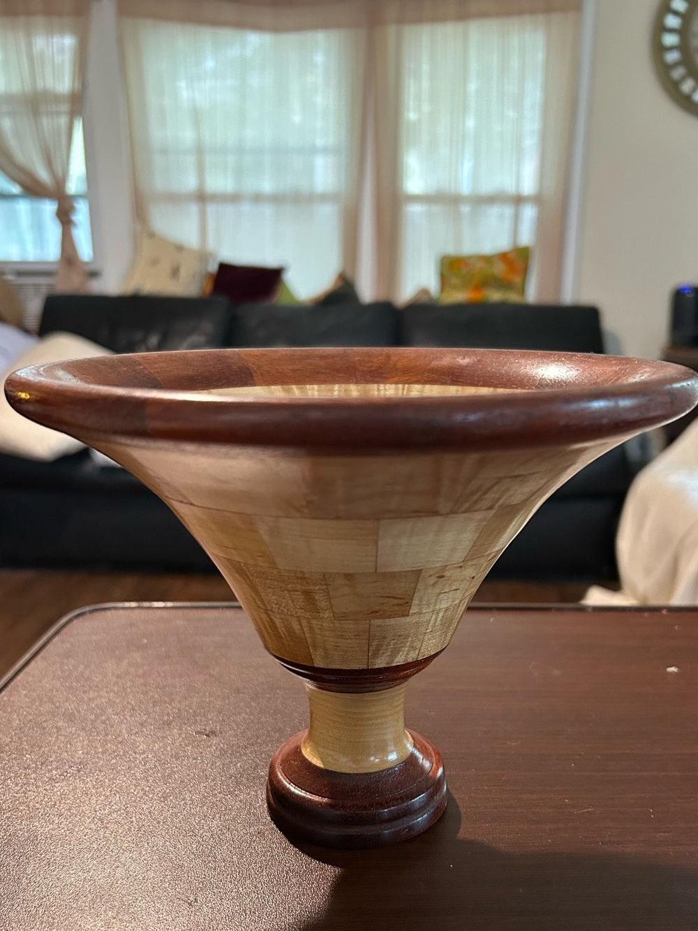 Handcrafted Wood Decorative Pedestal Bowl, made of maple and Rosewood, 8”x6”
